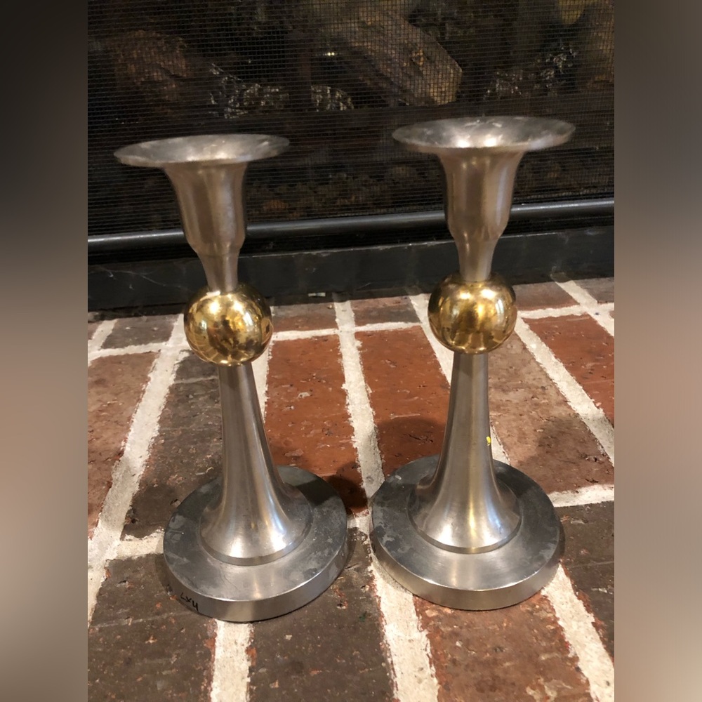 unique design pair of vintage pewter and brass detail candlestick holders 7.25”